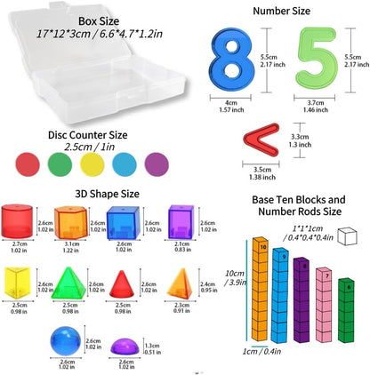 Math Task Boxes Set of 5 Math Manipulatives Themes 230+ Pieces of Number Rods, Base Ten Blocks, Ten Frame Disc Counters, Place Value Blocks, 0-9 Numbers, 3D Shapes, Counting Blocks Activity Cards