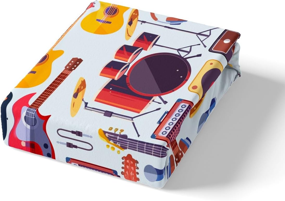 Manfei Musical Kids Fitted Sheet Full Size, MusicalGuitar Radio Drum Kit Headset Print Bedding Set 3pcs for Boys Girls, Rock Music Bed Cover with 2 Pillowcases, Soft Polyester Bedding, No Top Sheet