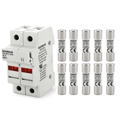 Baomain RT18-32 Fuse Holder Base with 10x20A Ceramic Fuses (10x38mm) – 2 Pole DIN Rail Mount, LED Indicator, CE Certified (20 Amp)