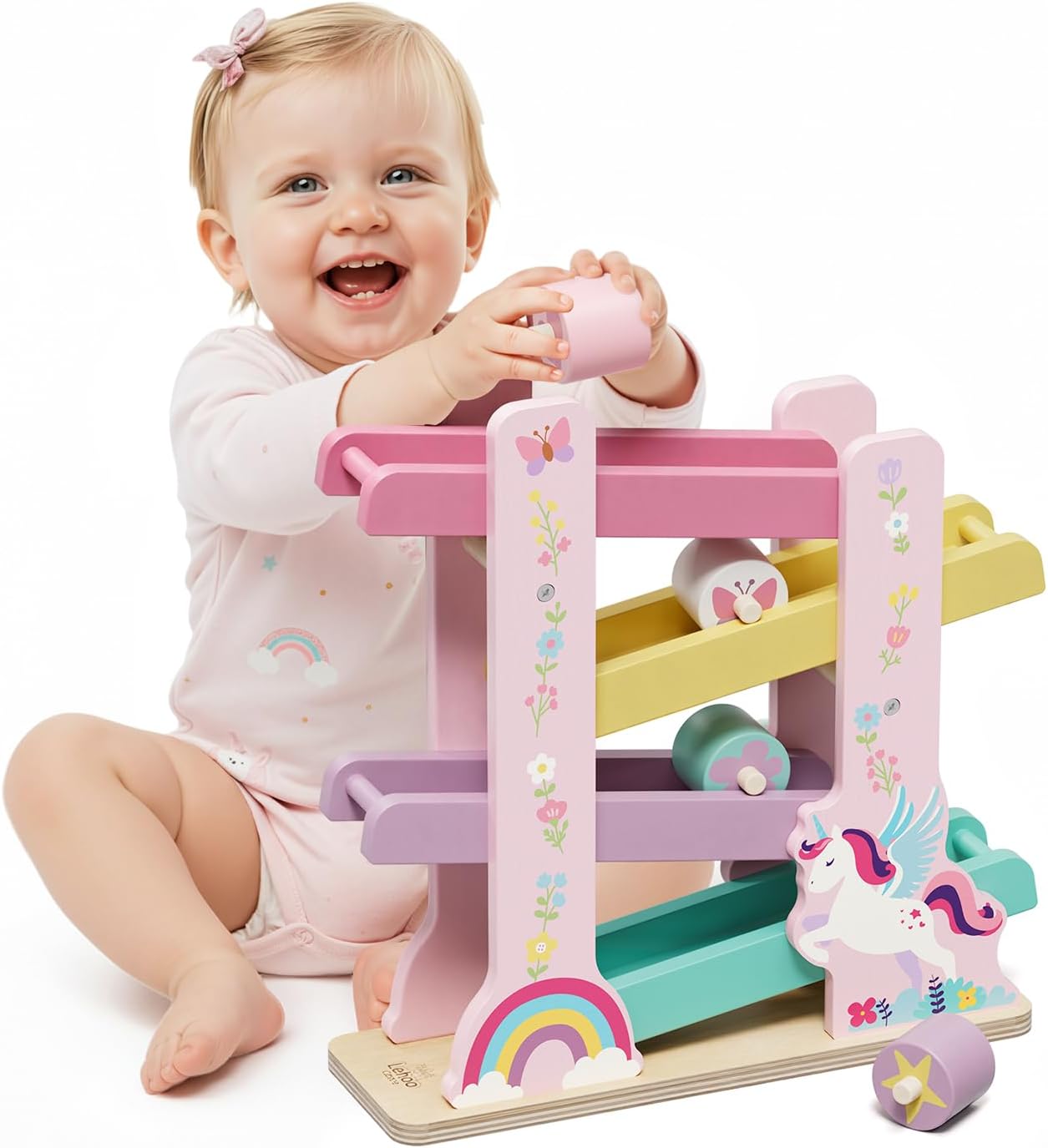 Lehoo Castle Wooden Car Ramp Toys for 1 Year Old Boy Birthday Gifts, Dinosaur Montessori Toys for 1 2 Year Old, Wooden Race Track with 4 Rollers Toddler Toys for 2 Year Old Boy