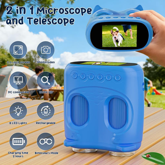 2-in-1 Kids Microscope Telescope, Temodu 2.0" 1000X Digital Microscope for Kids, HD Portable Education Telescope for Kids Birthday Festival Gift, Science Fun Toys for Children Age 4-12 (Purple)