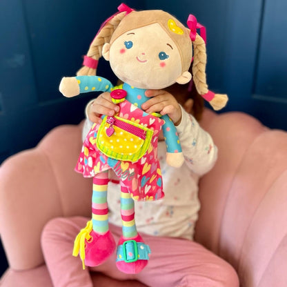 LeyaDoll Soft Bady Educational Soft Baby Doll(16''), Learning Sensory Doll for Toddlers, Montessori Toys for 2-Year-Old Girls Christmas, Birthday Gifts, Plush Doll with Button-Busy Cupcake-Girl