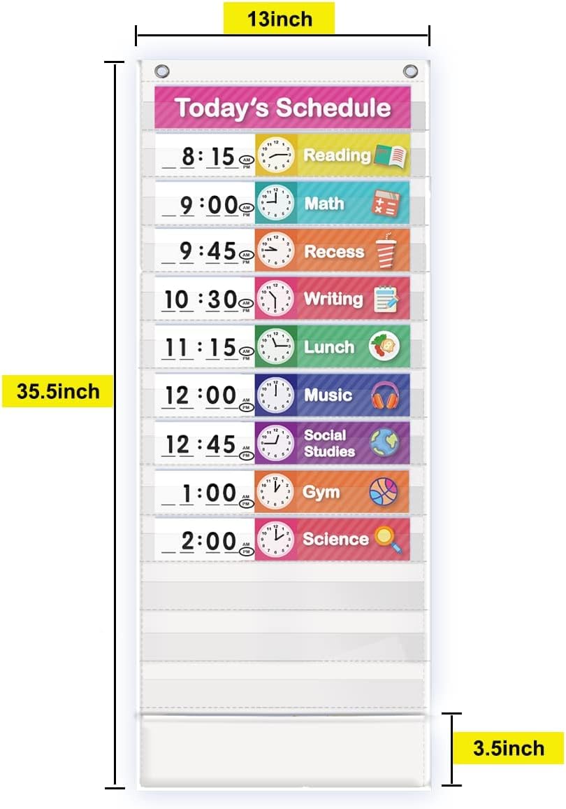 Eamay Daily Schedule Pocket Charts, Teaching Chart, Hoom, Eamay Daily Scheduling Pocket Chart with 13+1 Pockets, 18pcs Dry Erase Cards and 2 Hooks (Black-2)