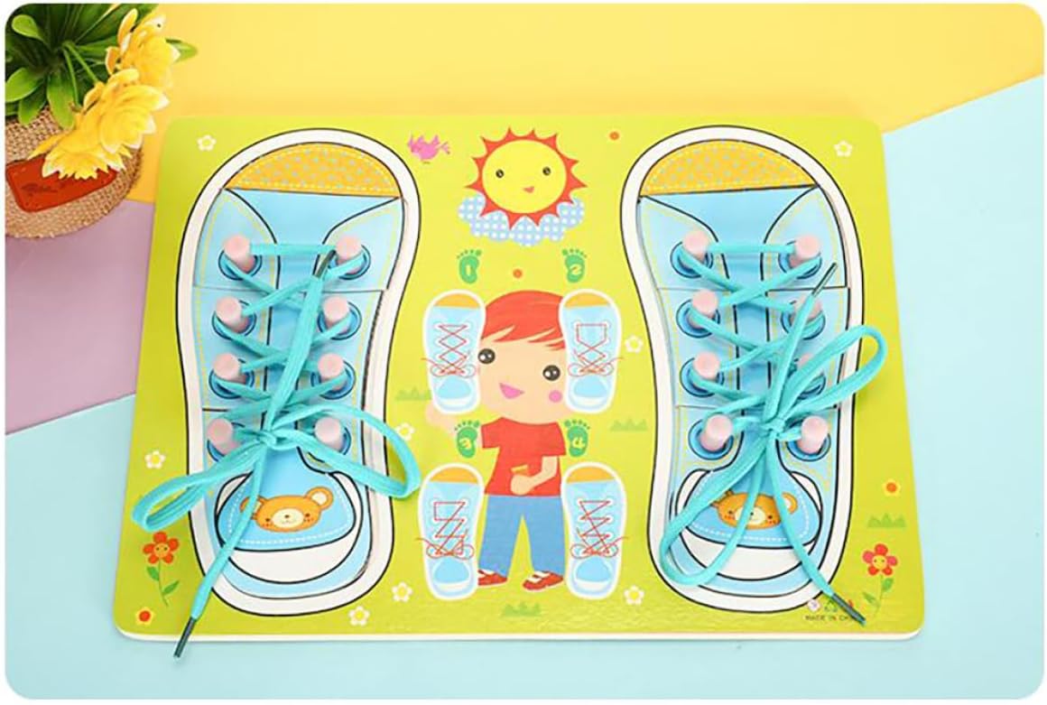 1PC Kids Wood Shoe Lace Lacing Sneaker Board Learn to Tie A Shoe Educational Learning Practice Fine Motor Skills for Kids Ages 3 and Up(Blue) Puzzle Shoes String