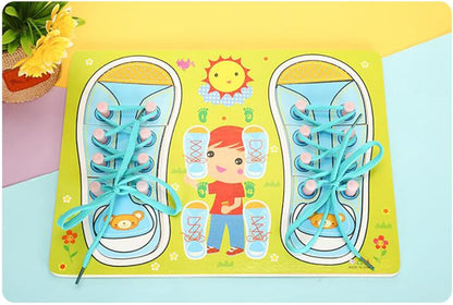 1PC Kids Wood Shoe Lace Lacing Sneaker Board Learn to Tie A Shoe Educational Learning Practice Fine Motor Skills for Kids Ages 3 and Up(Blue) Puzzle Shoes String
