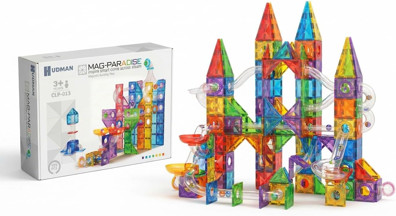 Magnetic Building Tiles Marble Run Set, 115 Pieces STEAM Construction Blocks with Marble Run Track, Educational STEM Toy for Kids Ages 3+, Rainbow Colors