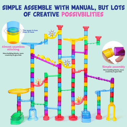 Meland Marble Run - 132Pcs Marble Maze Game Building Toy for Kid, Marble Track Race Set & STEM Learning Toys for Boy Girl Age 3 4 5 6 7 8 9+ (102 Translucent Marbulous Pcs & 30 Glass Marbles)