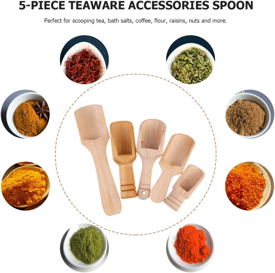 Bath Salt Scoop: 5PCS Mini Wooden Spoon Mini Bath Salt Spoon Tea Scoop Wooden Candy Small Spice s for Flour, Sugar, Cereal, (5 Sizes)