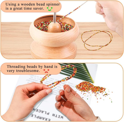 hobbyworker Upgrade Wooden Bead Spinner with 2 Pcs Big Needles,8000 Pcs Seed Beads and 1 Surprise Gift Pack for Jewelry Making Tools,Quickly Stringing Beads Tool, Manual Operated