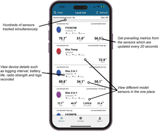 Bluetooth Compatible Thermometer, Hygrometer & Dew Point Sensor and Logger, Smart Temperature Humidity Monitor, Unlimited Phone Storage. Simple Data Export. Made in USA