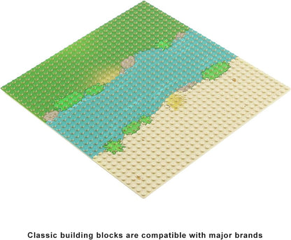 Feleph Classic Baseplate with River and Grassland Pattern, 10 x 10 Inches Base Plates for Building Blocks Mat Compatible with Major Brands (Straight 4 Pieces)