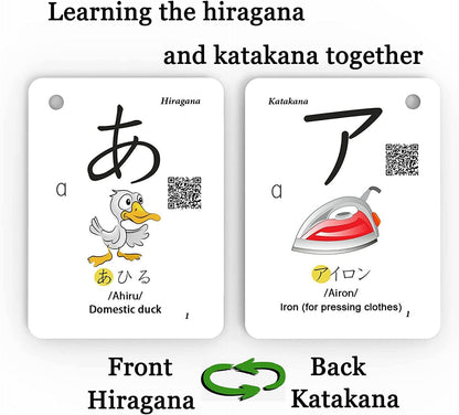 Hiragana and Katakana Alphabet Japanese Flash Cards for Beginners - 104 Katakana & 104 Hiragana Flash Cards with Ring - Easy to Remember and Learning Fast for Kids
