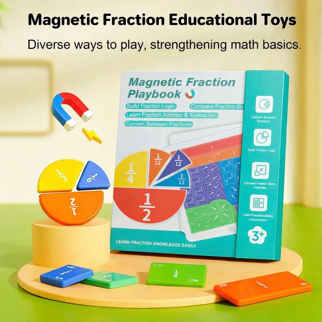2026 Magnetic Math Fraction Set with 102 Pieces and 2 Storage Pouches, Magnetic Fraction Book, Tiles & Fraction Circles for Hands-On Skills and Core Math Foundations, Compact Book-Style Design (1)
