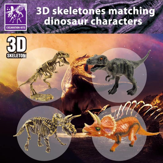 Dinosaur Fossil Dig Kit, Dino Excavation Kits for Kids, Educational Science Kits, Dinosaur Toys for Kids, Dig up 2 3D Skeleton Puzzles and 2 Dino Figures Including T-Rex, Triceratops