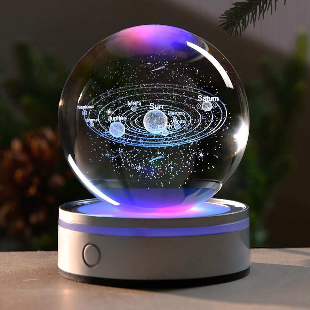 3D Solar System Crystal Ball Universe Glass Ball Space Astronomy Gift Planets Model Science Astrophysics Gifts Solar System Night Light Glass Globe Decor with 12 Colorful Modes Light Base