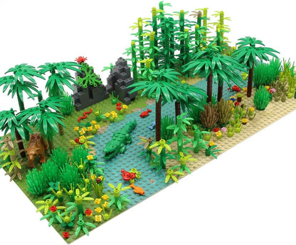 Rainforest Jungle Trees Building Blocks Bricks with 2 Base Plates (10 Inches for Each), Forest Garden Plants Flowers Bushes Animals Kit, Botanical Parts Scenery Toys Compatible with Major Brands