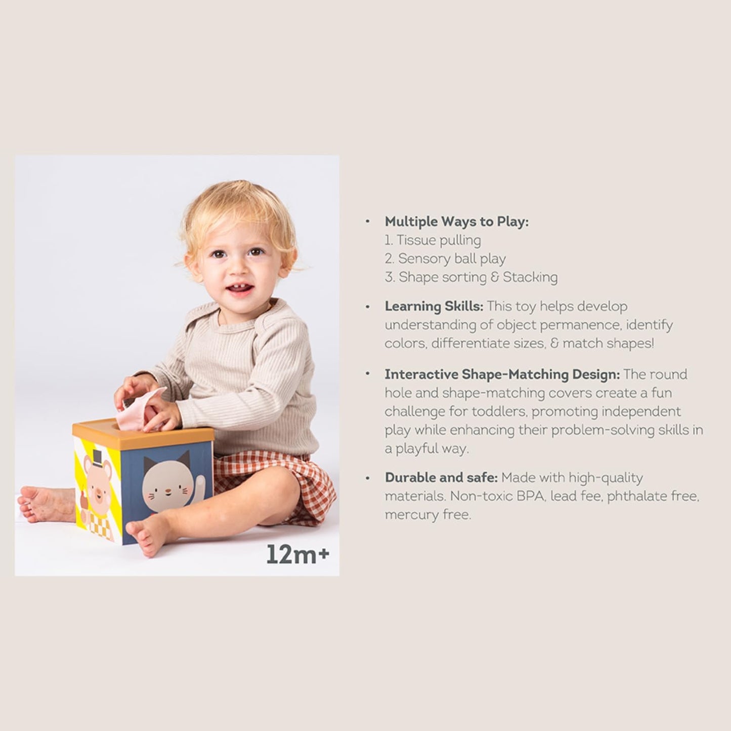 Taf Toys Baby Tissue Box Toy Silicone Baby Toys 6-12 Months Montessori Toys Sensory Activity & 10 Tissues for Fine Motor Development Soft Interactive Silicone Learning Cube for 1 Year Old Toddlers