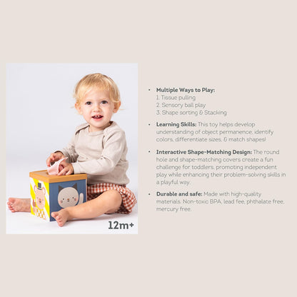 Taf Toys Baby Tissue Box Toy Silicone Baby Toys 6-12 Months Montessori Toys Sensory Activity & 10 Tissues for Fine Motor Development Soft Interactive Silicone Learning Cube for 1 Year Old Toddlers