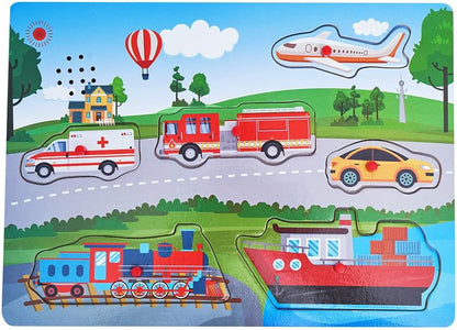 Wooden Transportation Sound Peg Puzzles for Toddlers, Wooden Pegged Puzzle with Sound Effect for Toddlers and Preschoolers, Educational Learning Toy Gift