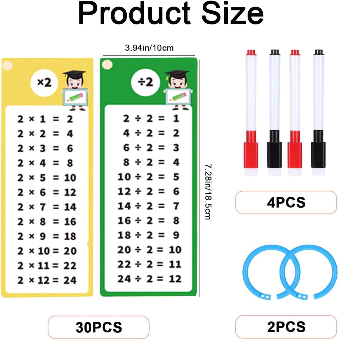 30PCS 1-12 Reusable Multiplication Flash Cards & Division Flash Cards with 4 Dry Erase Pens 2 Rings for Math Multiplication Game for Kids Classroom Home 1st to 3rd Grades