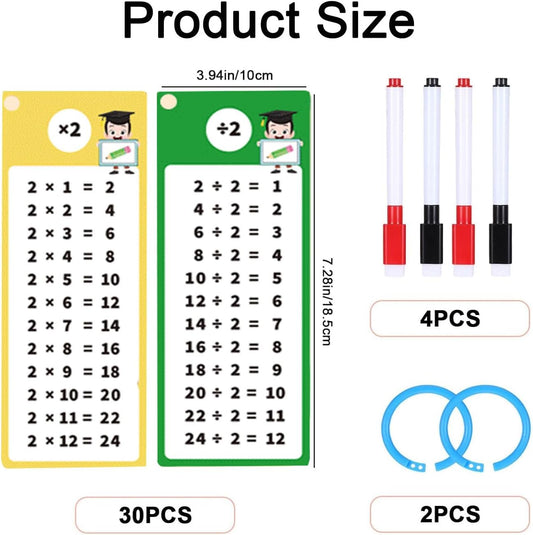 30PCS 1-12 Reusable Multiplication Flash Cards & Division Flash Cards with 4 Dry Erase Pens 2 Rings for Math Multiplication Game for Kids Classroom Home 1st to 3rd Grades