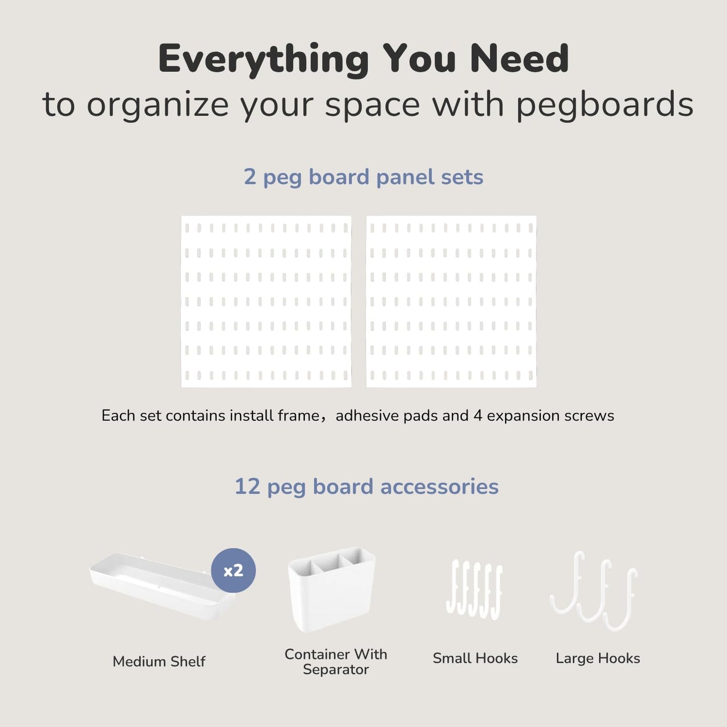 Keepo Peg Board Wall Organizer – Plastic Pegboard Panels, Modular Peg Board Storage System for Home Office, Craft Room, Gaming Setup (White, 33″×22″)