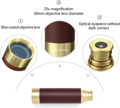 Pirate Monocular Telescope for Kids & Adults 25x30 High Powered Zoomable Collapsible Brass Handheld Waterproof Telescope Monocular for Cruise Ship Travel Watching Games Hiking Hunting