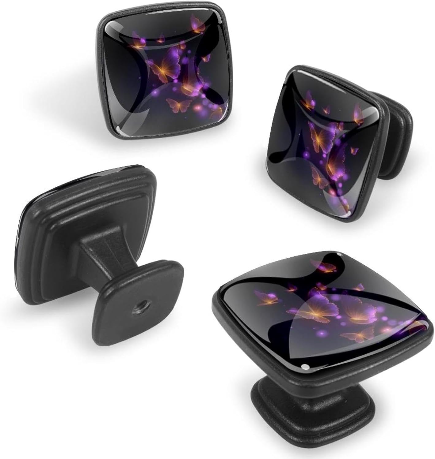 4 Pack Cabinet Knobs Drawer Pulls, 30mm Round ABS Glass Drawer Hardware Growing Purple Butterflies Cabinet Handles with Screws for Dressers Kitchens Cupboard