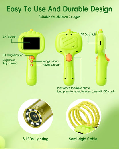 Borescope Camera with Light for Kids, Ashfly STEM Science Educational Toy for 3 4 5 6 7 8 Years Old Boys & Girls, 2.4" Screen Snake Scope Camera for Birthday Outdoor Camping Nature Exploration-Green