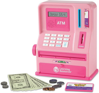 Learning Resources Pretend & Play Teaching ATM Bank, Pink - Play Money for Kids, Children's Banks, Electronic ATM Piggy Bank, Money Management for Kids, Coin Machine Toys