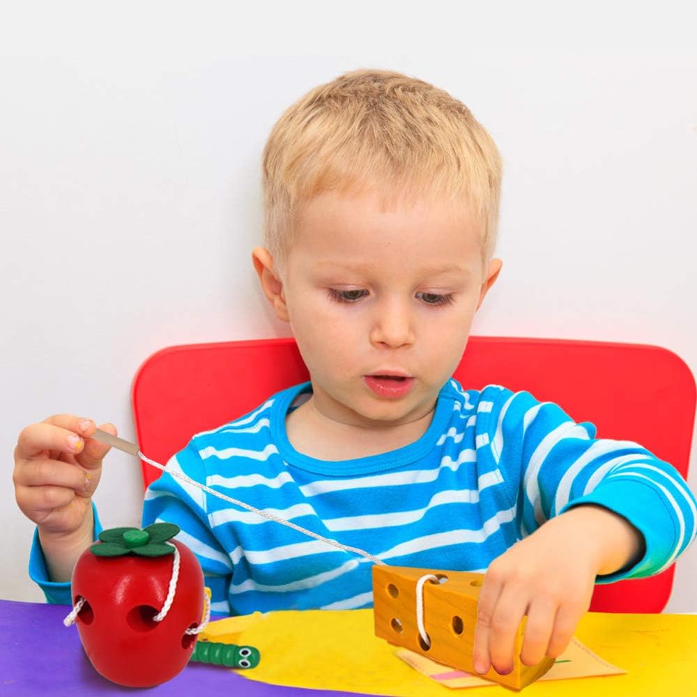 Sealive Early Development Wooden Lacing Toys, Montessori Activity Caterpillars Eat Apple and Kids Cheese Toys, Children Learning Educational Wood Block Puzzles for Toddlers Boys Girls