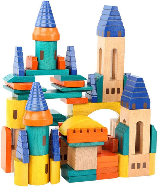 Xylolin Wooden Castle Building Blocks Set, Big Solid Beech Wood Toddlers Stacking Block Toy, Kids Construction Playset for Boys Girls 69 Pieces Set