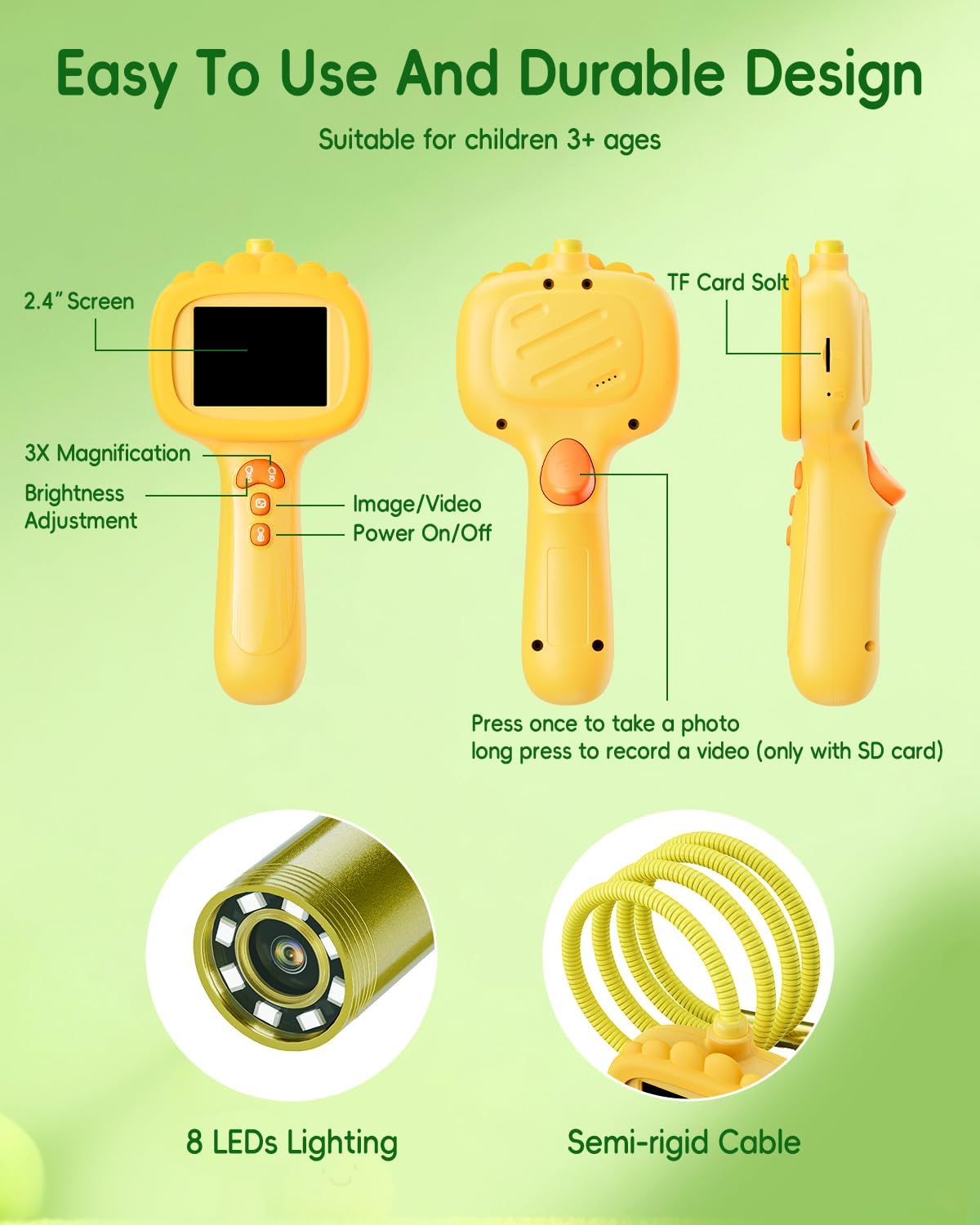 Borescope Camera with Light for Kids, Ashfly STEM Science Educational Toy for 3 4 5 6 7 8 Years Old Boys & Girls, 2.4" Screen Snake Scope Camera for Birthday Outdoor Camping Nature Exploration-Green