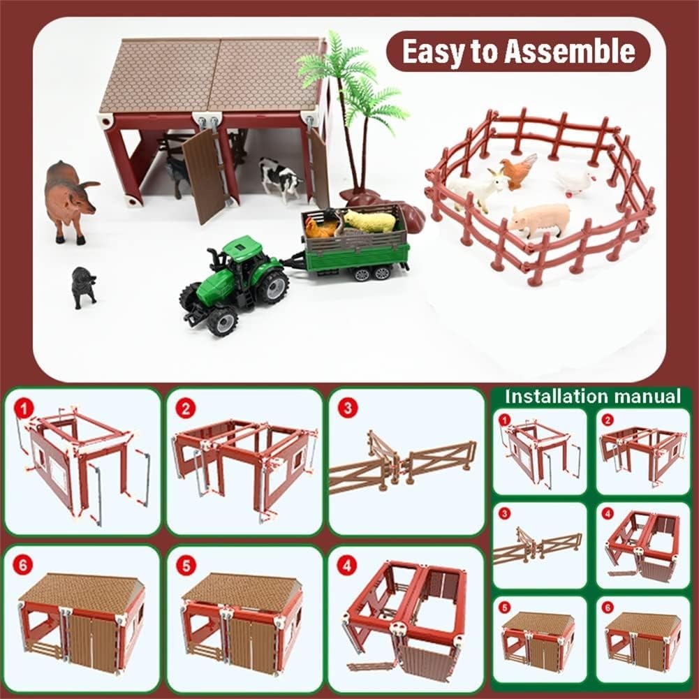 Mini Toy Barn Farm Toys Playset, 66PCS Plastic Farm Animals Figurines and Fence Farm Playset, Farm Figures Farmer Vehicle Toy Truck with Trailer for 3-12 Years Old, Christmas Birthday Gifts for Kids