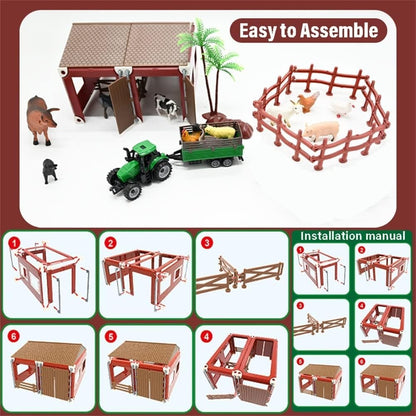 Mini Toy Barn Farm Toys Playset, 66PCS Plastic Farm Animals Figurines and Fence Farm Playset, Farm Figures Farmer Vehicle Toy Truck with Trailer for 3-12 Years Old, Christmas Birthday Gifts for Kids