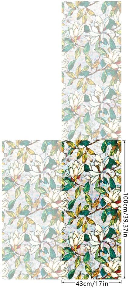 Flower Stained Glass Window Film Decorative Static Cling Stickers Sun Blocking Privacy Decals for Home Car White Lily