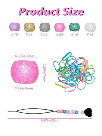 100 Small Silicone Hair Beads Glow in Dark for Kids Girls Braids, 5mm Colorful Soft Silicone Hair Beads, 1 Plastic Quick Beaders for Hair Braids, 50 Elastic Rubber Bands