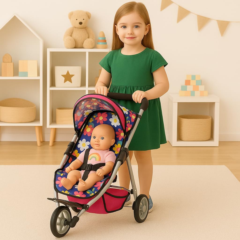 Fash N Kolor - Baby Doll Stroller with Adjustable Canopy & Toy Storage Basket - Foldable Baby Stroller for Pretend Play - Denim Pink,