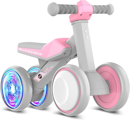 ESPRAY Colorful Lighting Baby Balance Bike Toys for 1 Year Old Girls Gifts, Toddler First Bike 12-24 Months with Adjustable Soft Seat, 4 Silent Wheels Ride on Toy, Perfect First Birthday Gift