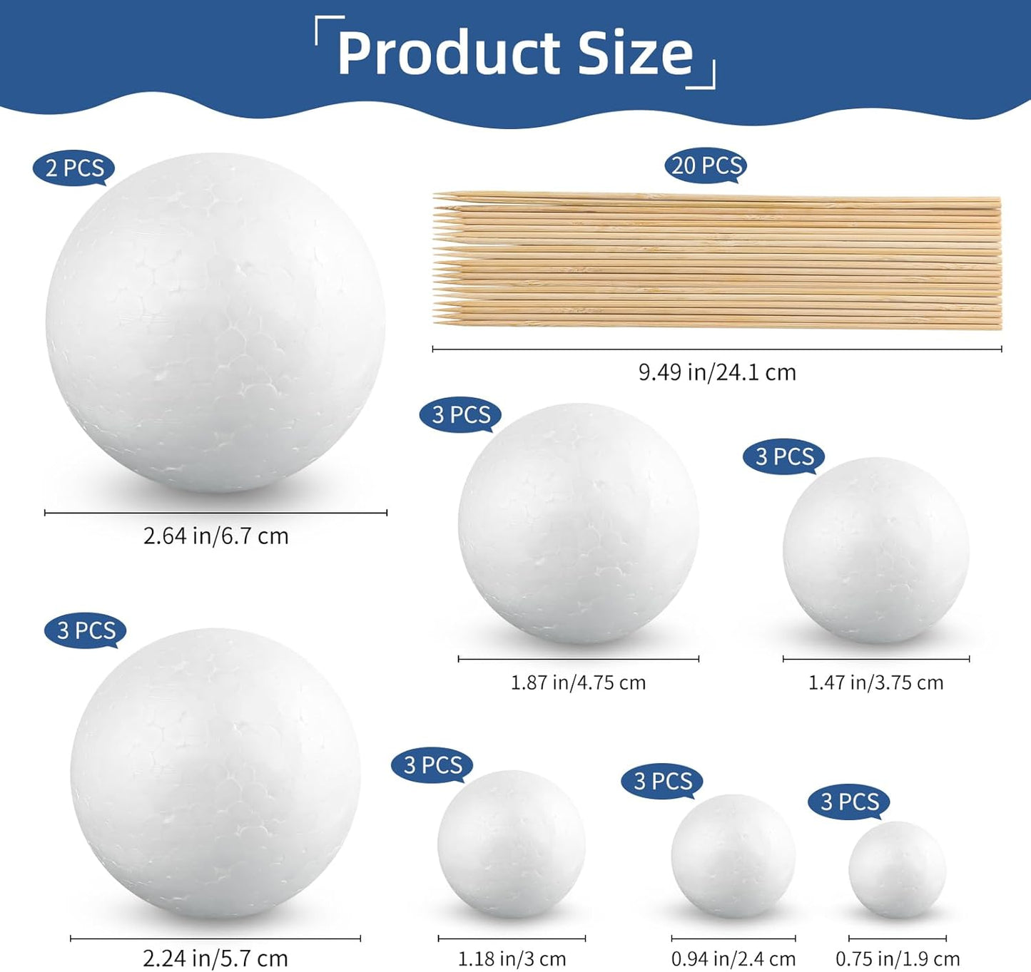 40PCS Solar System Model Kit, 20 Mixed Sized White Polystyrene Spheres Balls Foam Balls, with 20 Pieces 24 cm Long Bamboo Sticks for Kids School Science Projects DIY Planet Crafts