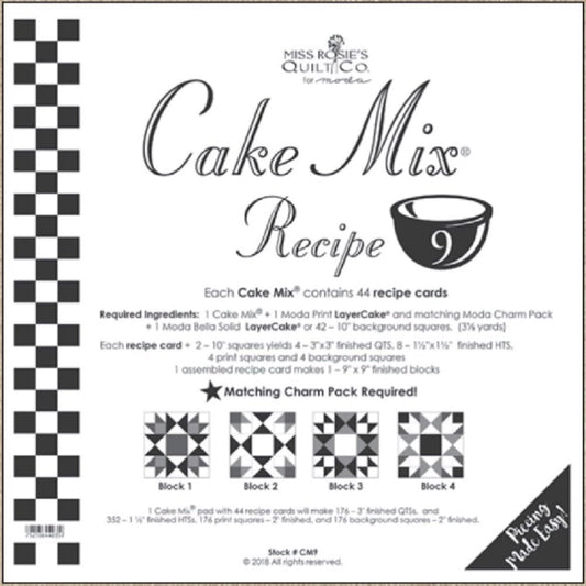 Miss Rosie's Quilt Co - Cake Mix Recipe 9-44 Recipe Cards Each Recipe Card Makes 1-9" x 9" Finished Quilt Block