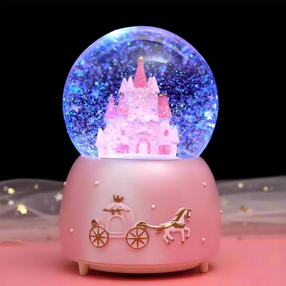 Snow Globes, Girls Castle Music Snowglobes with LED Lights, Automatic Snowfall Effect, Birthday Christmas for 5-16 Year Old Girls, Kids Room Decor (Pink)