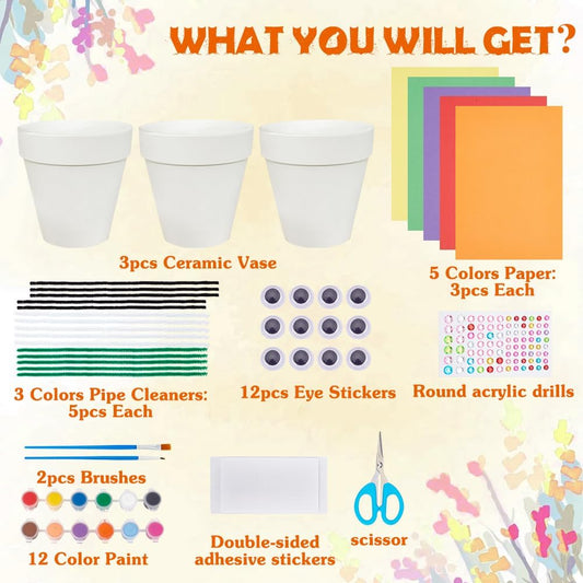 WEBEEDY 3 Sets Ceramic Flower Pot Paint Kit Paint Your Own Butterfly Theme Flower Pot with Cardstock, Twist Stick, Paints, Brushes and Instruction for Adults Beginner DIY Craft for Home Decor