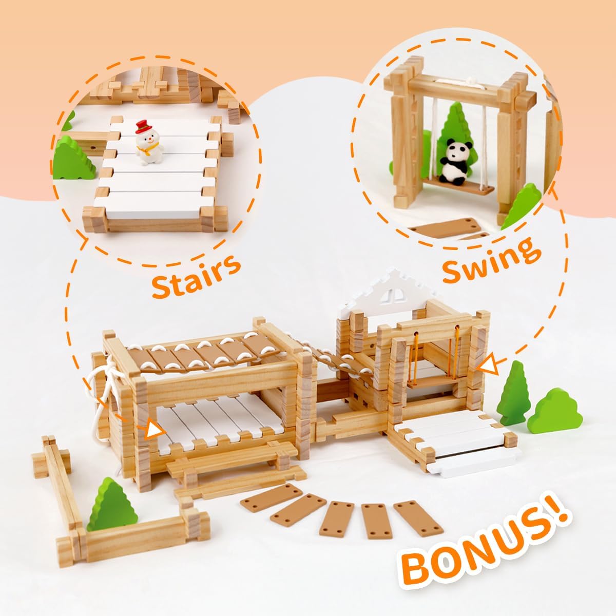 Jovi-mindly＆Notchies 96 PCS Wooden Blocks Wooden Toys with Storage Bag, Preschool Learning Toys Wood Blocks Building for Kids Ages 4-8 Creative Construction Game,FSC Certified,Birthday Toys Gifts