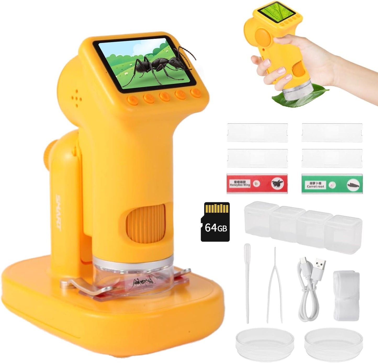 1600X Kids Microscope, Detachable Microscope for Kids Handheld Mini Digital Microscope with Photo Video Function, Rechargeable Educational Toys with 64GB, 6 Slides and Easter Gifts for Kids