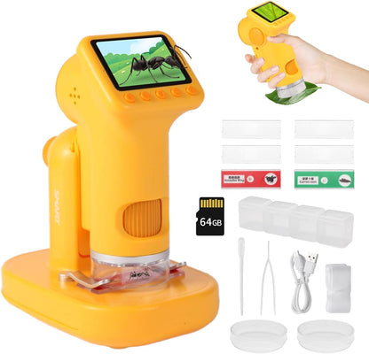 1600X Kids Microscope, Detachable Microscope for Kids Handheld Mini Digital Microscope with Photo Video Function, Rechargeable Educational Toys with 64GB, 6 Slides and Easter Gifts for Kids