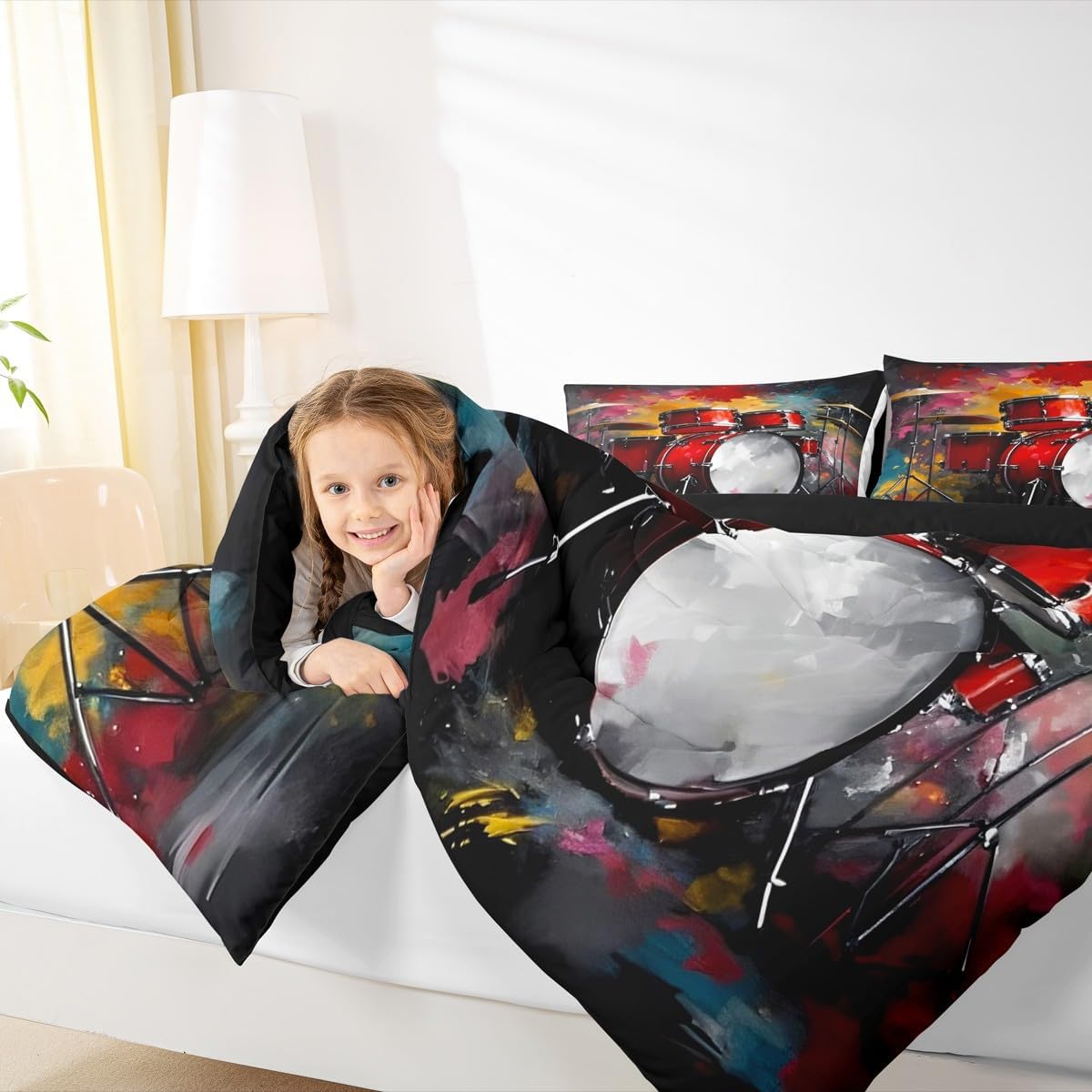 Erosebridal Drum Kit 3D Print Kids Comforter Sets Rock Music Themed Full Bedding Set for Boys Girls Musical Pattern Comforter Set,Colorful Retro Style Quilt Duvet 3 Pcs