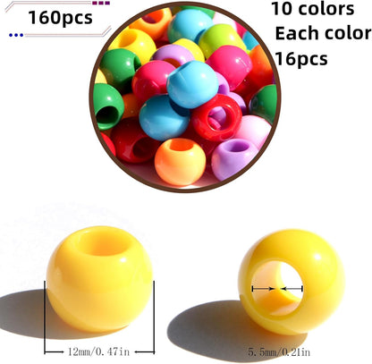 160pcs 12mm Plastics Acrylic Beads Mix 10 Color Large Hole Hair Beads(Hole:5.5mm)