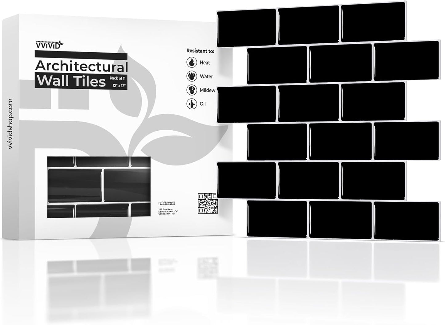 VViViD 11 Sheets Peel and Stick Grey Gloss Faux Ceramic Brick Wall Tiles, Self Adhesive Backsplash 12”x12”, 2mm Thick Kitchen, Bathroom (11 sq. ft.)