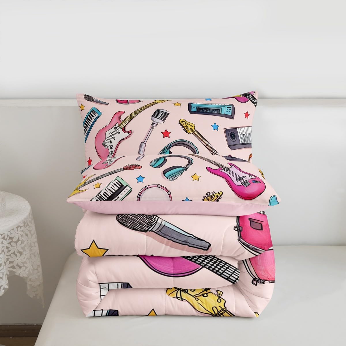 Erosebridal Drum Kit 3D Print Kids Comforter Sets Rock Music Themed Full Bedding Set for Boys Girls Musical Pattern Comforter Set,Colorful Retro Style Quilt Duvet 3 Pcs
